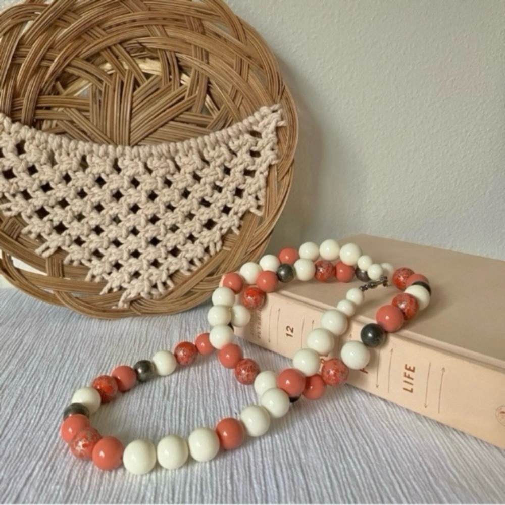 Coral White Gray Beaded Necklace Vintage Oversized  “Demeter” Statement Classic